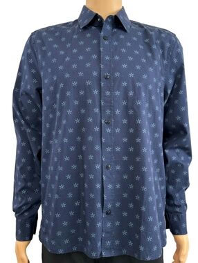 Ted Baker Shirt, NEW! Size Large, Dark Blue, Star Pattern, Collar